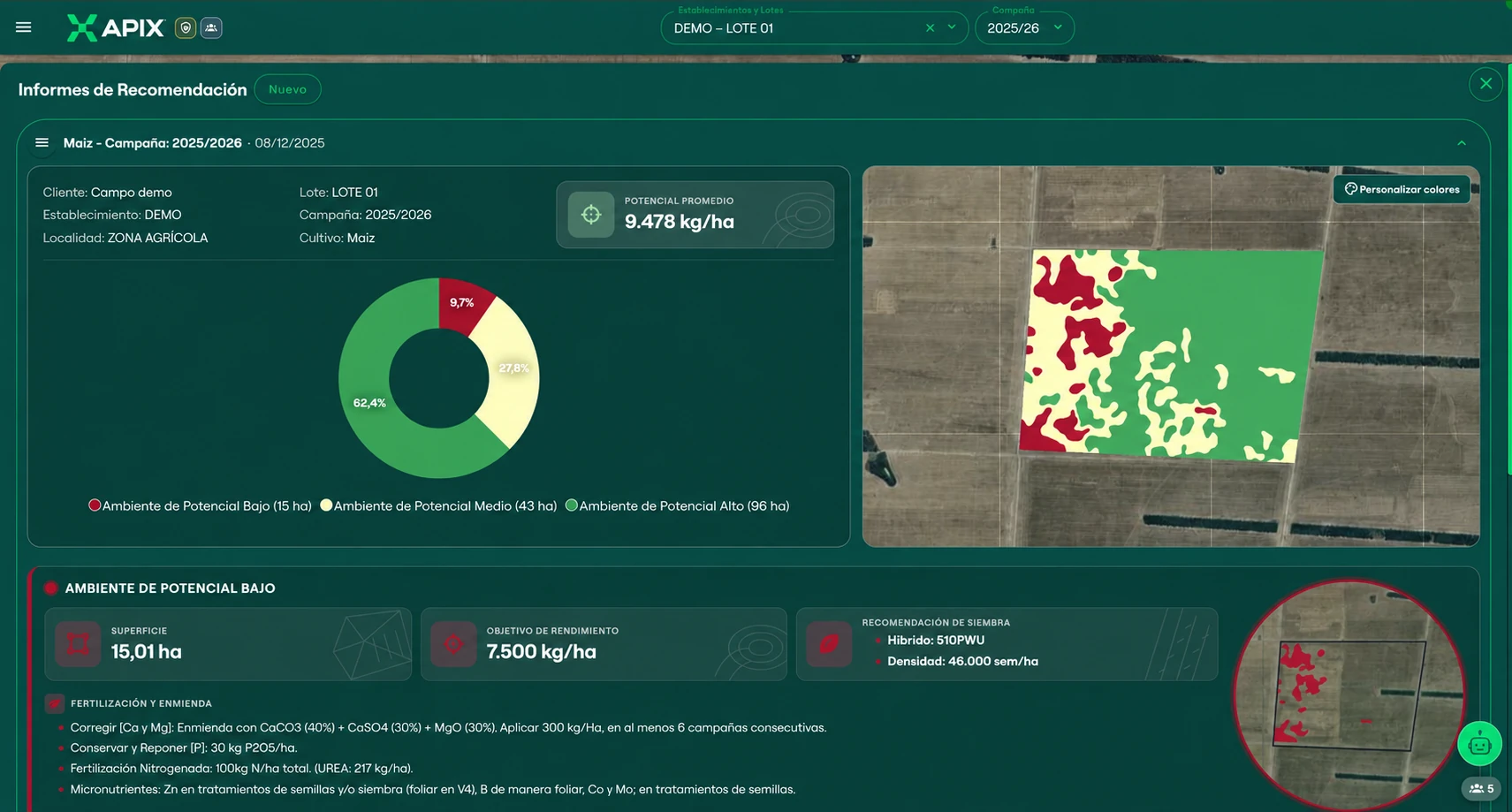 APIX: informe de recomendación con mapa de ambientes y potencial productivo anonimizado
